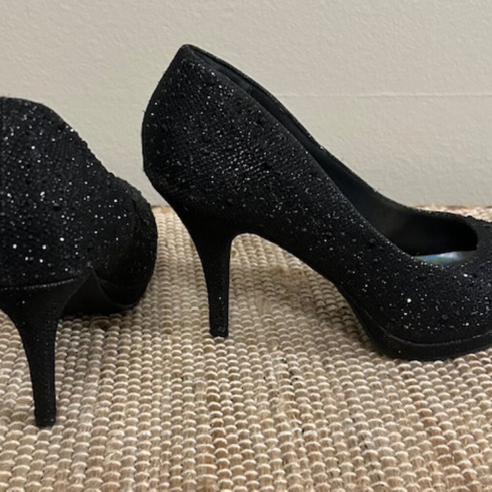 Black Sparkly Silver Slipper Heels